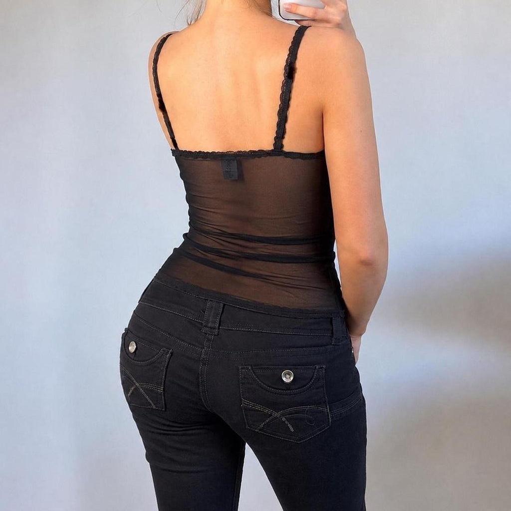VINTAGE black lace mesh cami vest top