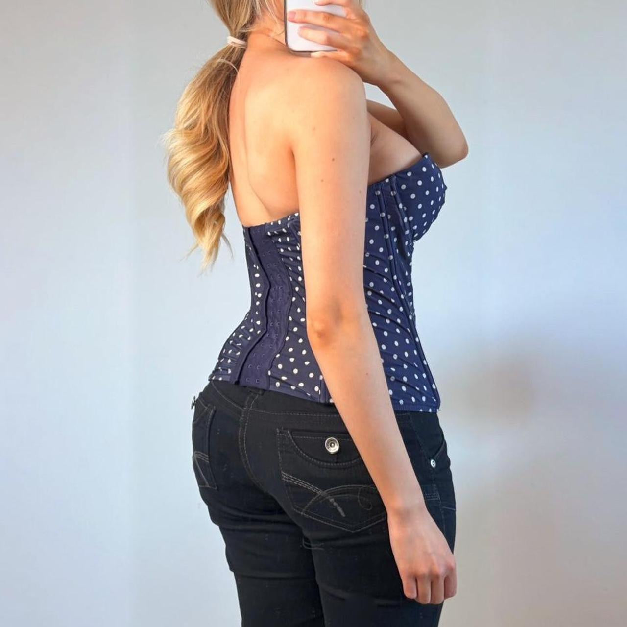 Navy blue white polka dot boned corset strapless top e