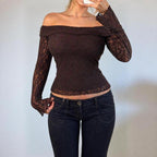 VINTAGE Brown lace fold over off the shoulder long sleeve top