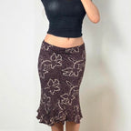 VINTAGE brown floral low rise midi skirt