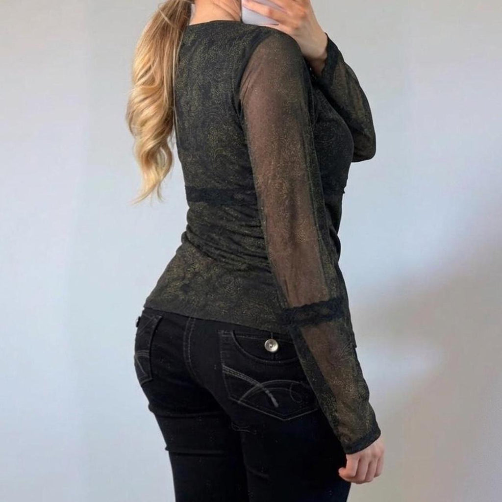 VINTAGE black paisley mesh long sleeve blouse top