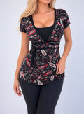 Vintage Black & Red floral Paisley print short sleeve blouse top