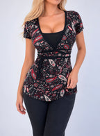 Vintage Black & Red floral Paisley print short sleeve blouse top