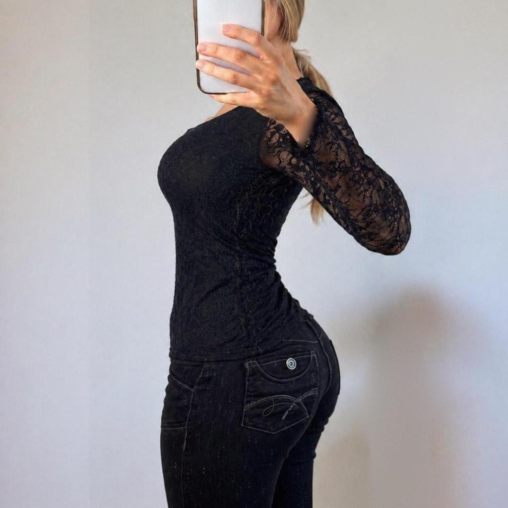 VINTAGE black lace long sleeve blouse top