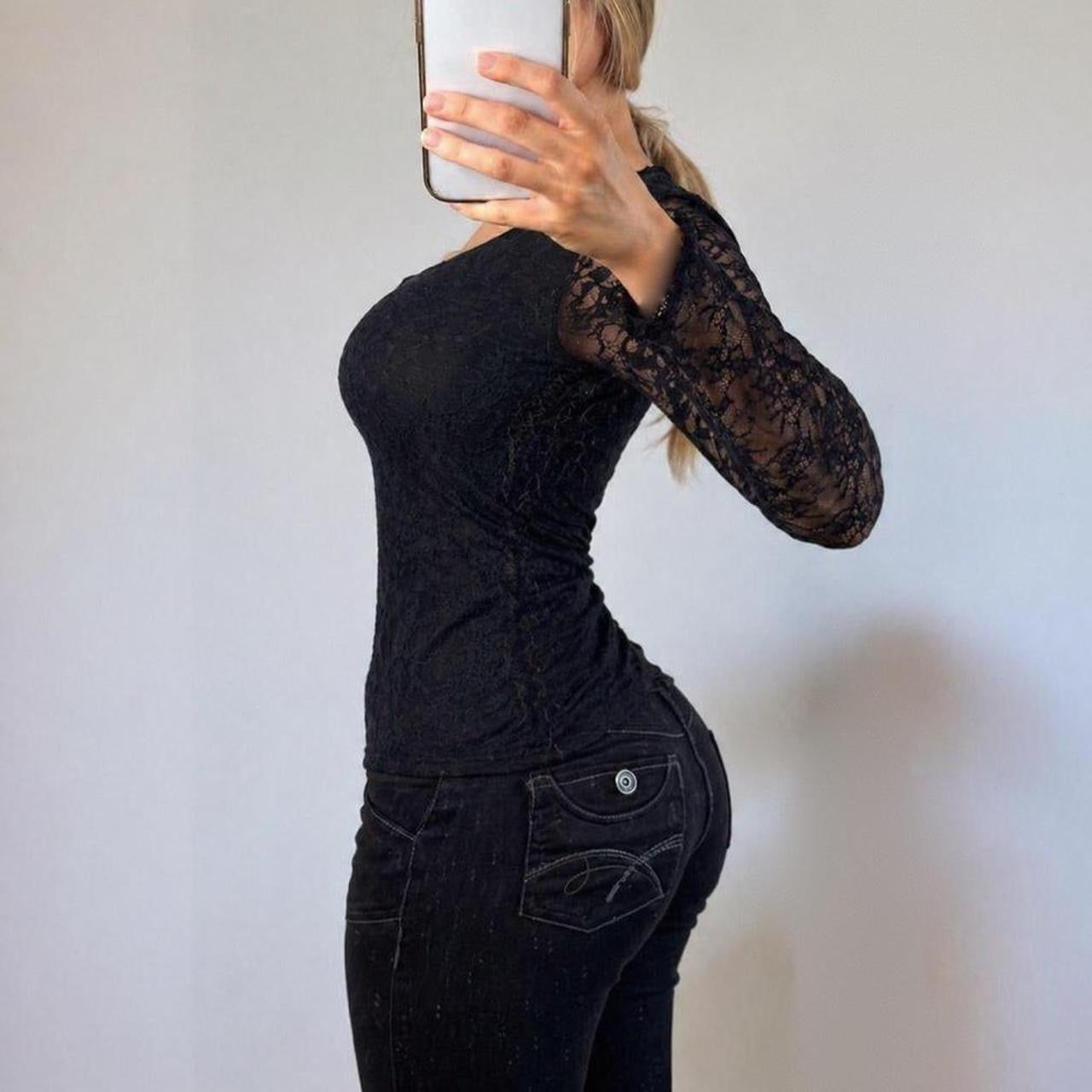 VINTAGE black lace long sleeve blouse top