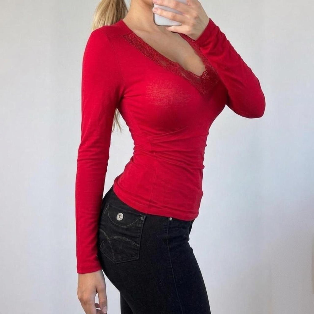 VINTAGE Red mesh long sleeve v neck blouse top