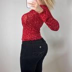 Red long sleeve mesh floral top
