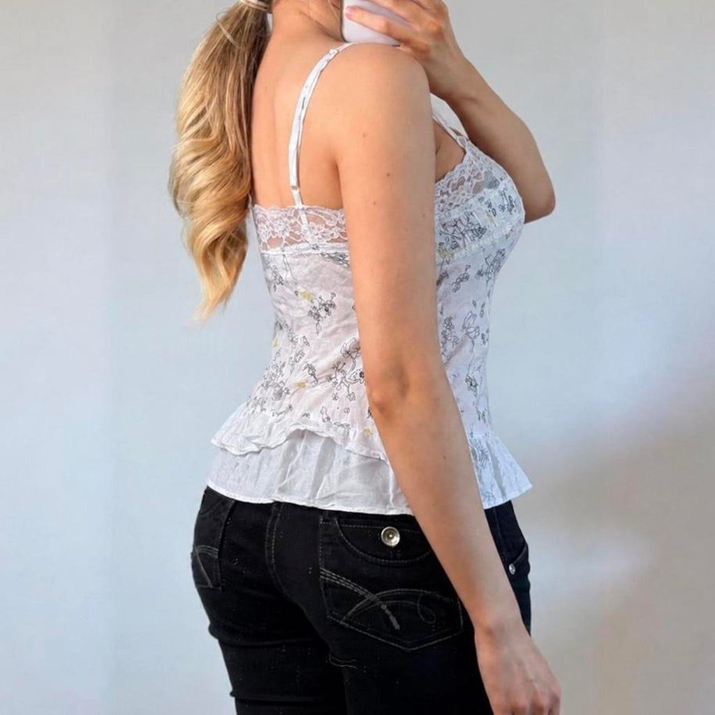 VINTAGE cotton white floral Henley cami vest top