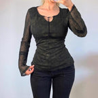 VINTAGE black paisley mesh long sleeve blouse top