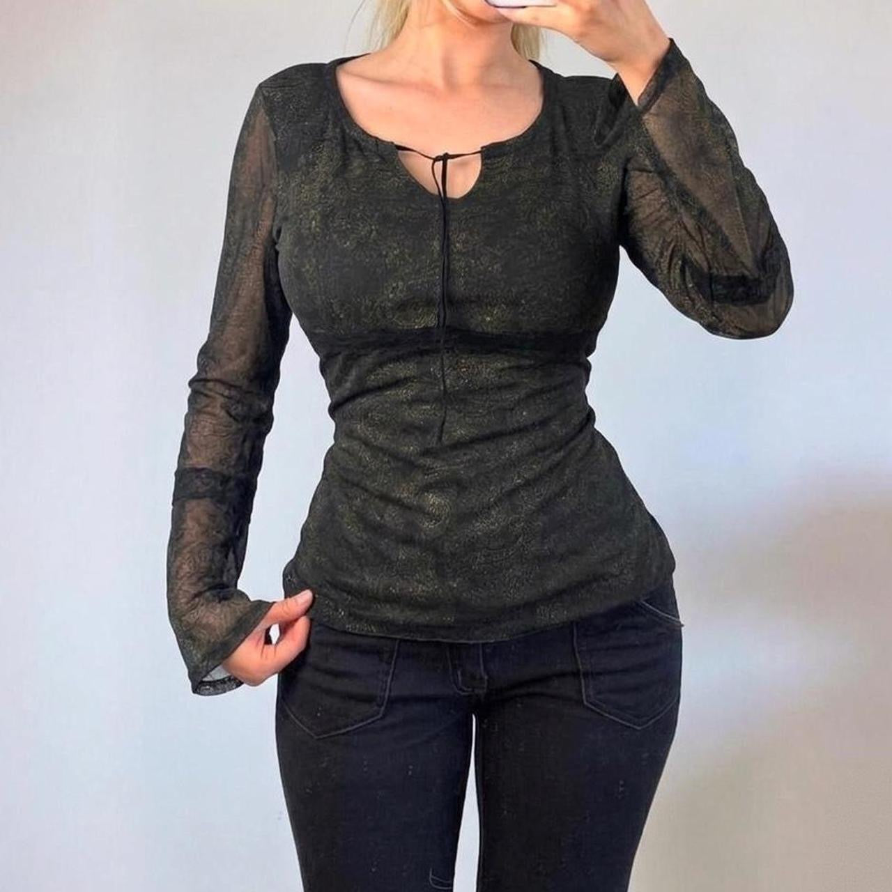 VINTAGE black paisley mesh long sleeve blouse top