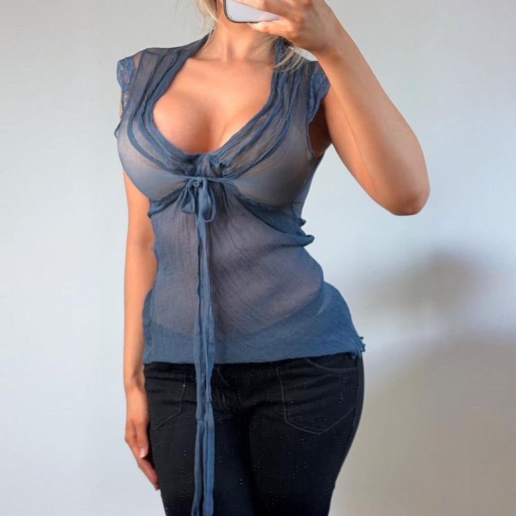 VINTAGE blue mesh short sleeve top