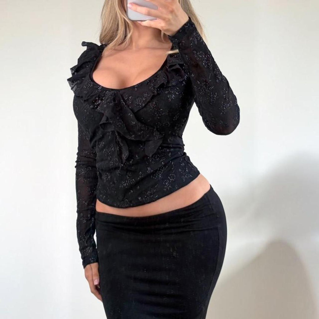 VINTAGE Black long sleeve ruffle blouse top