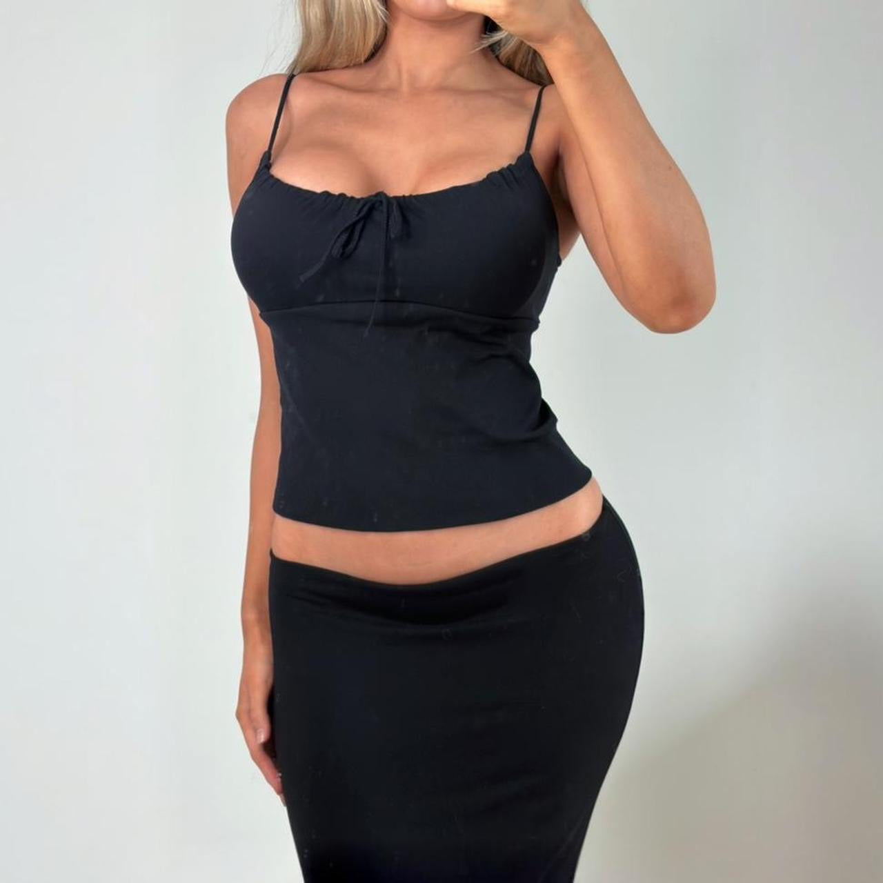 VINTAGE Morgan de toi black ruched milkmaid cami crop top