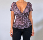 Vintage purple floral mesh tie blouse top