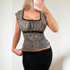 VINTAGE Leopard print milkmaid blouse top