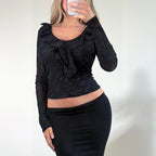 VINTAGE Black long sleeve ruffle blouse top