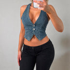 VINTAGE Blue denim cropped waist coat corset top