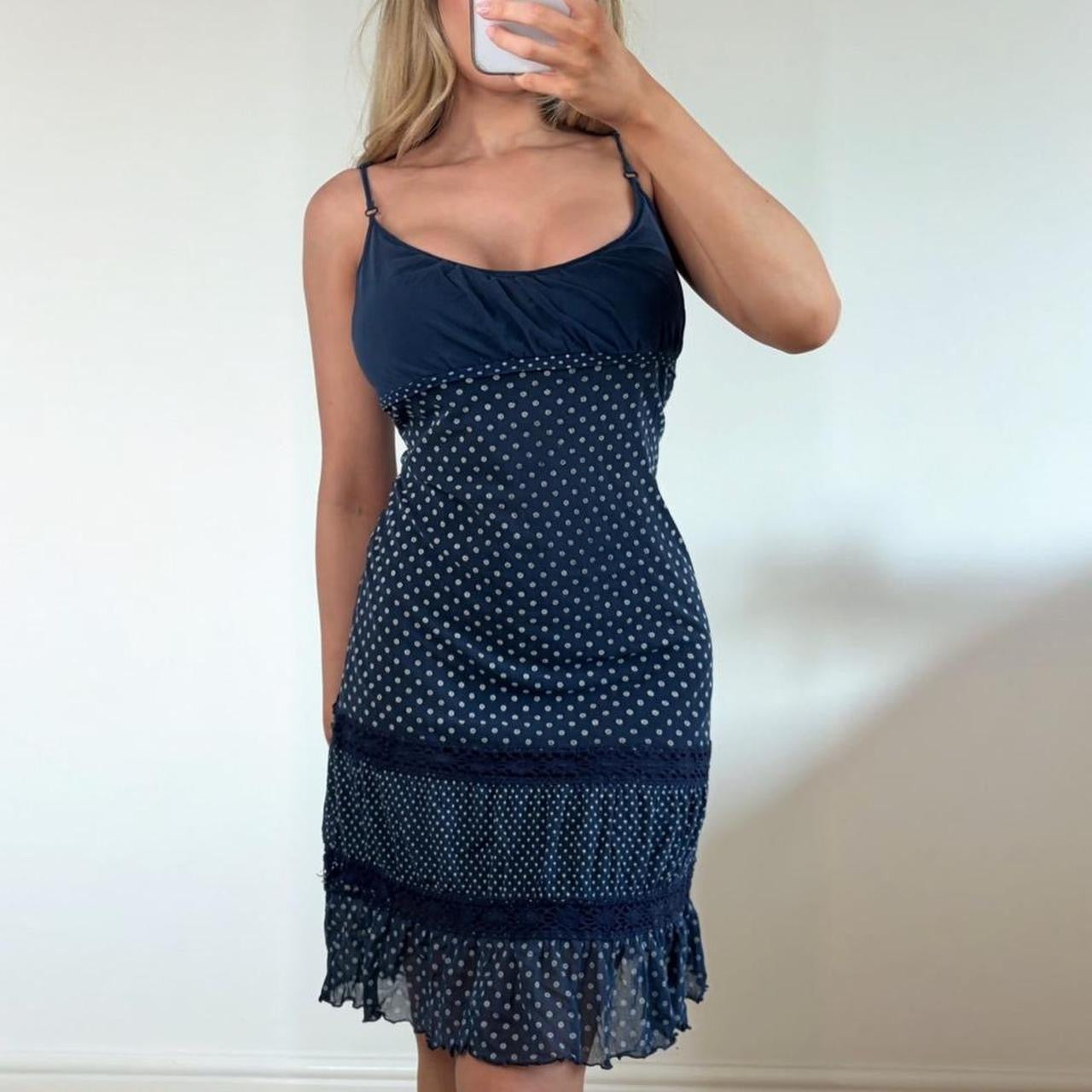 Navy blue mesh polka dot midi dress