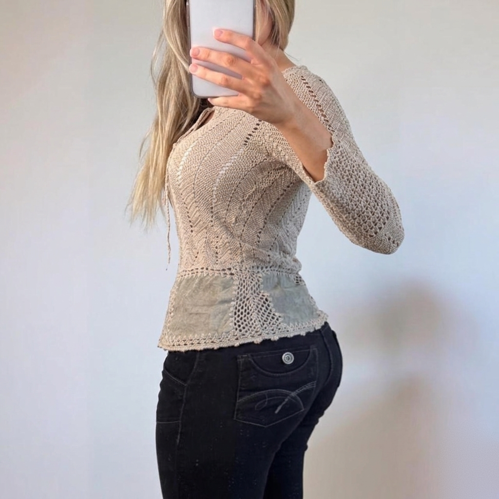 VINTAGE Beige crotchet long sleeve blouse top