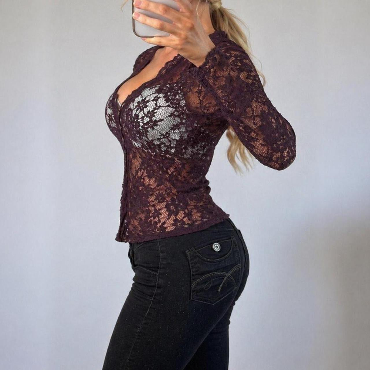 VINTAGE Purple lace hook & eye blouse top