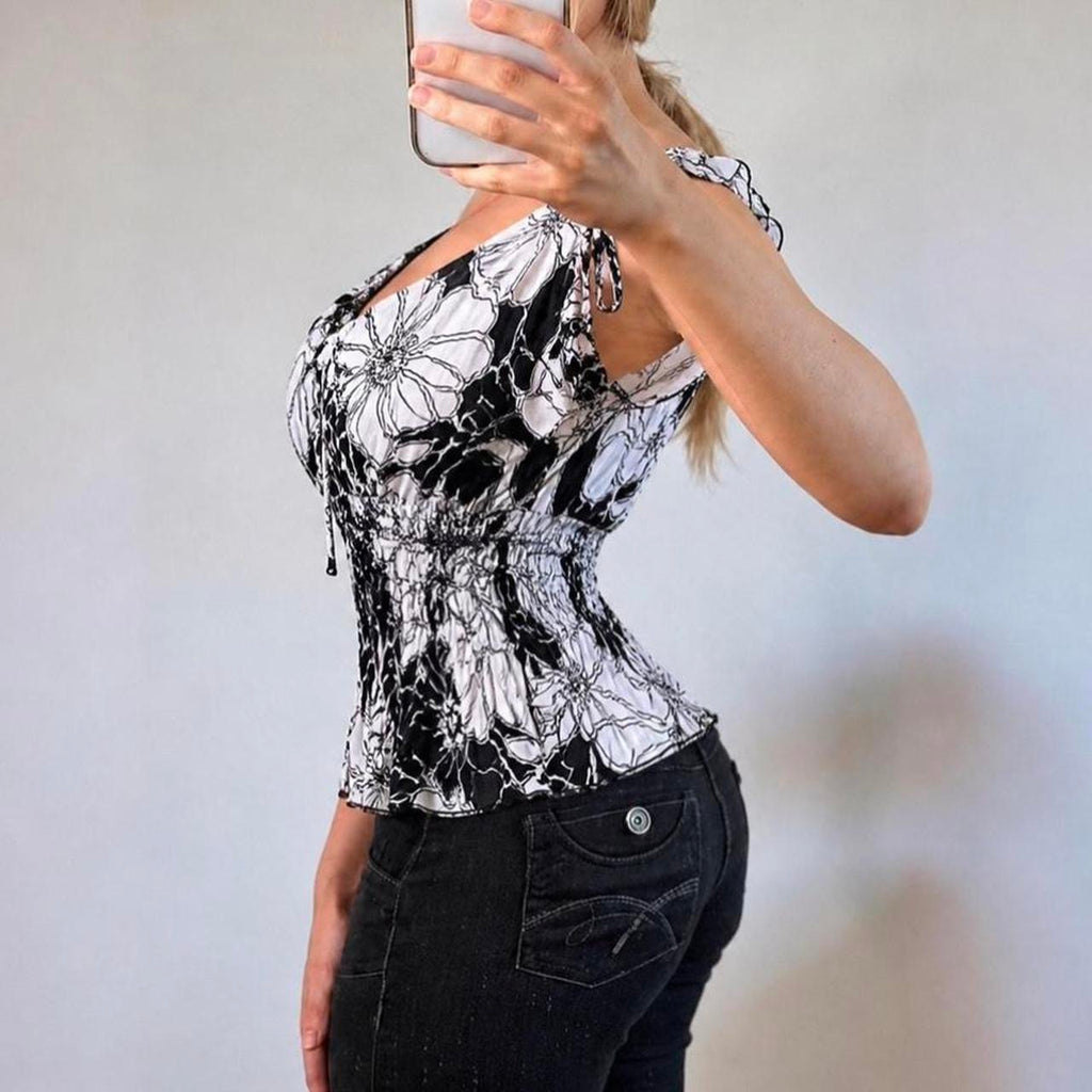 VINTAGE black and white mesh floral blouse top