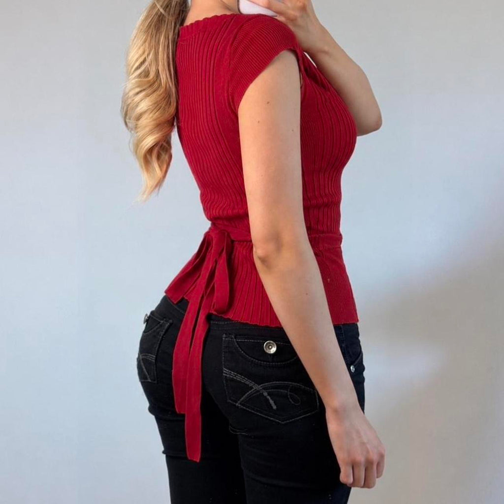 VINTAGE Red short sleeve tie blouse top
