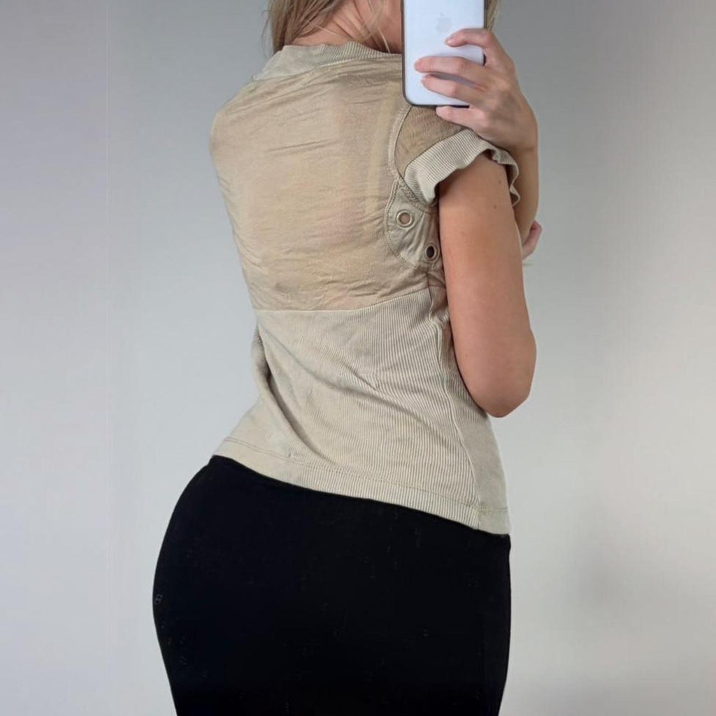Cream ribbed short sleeve blouse top