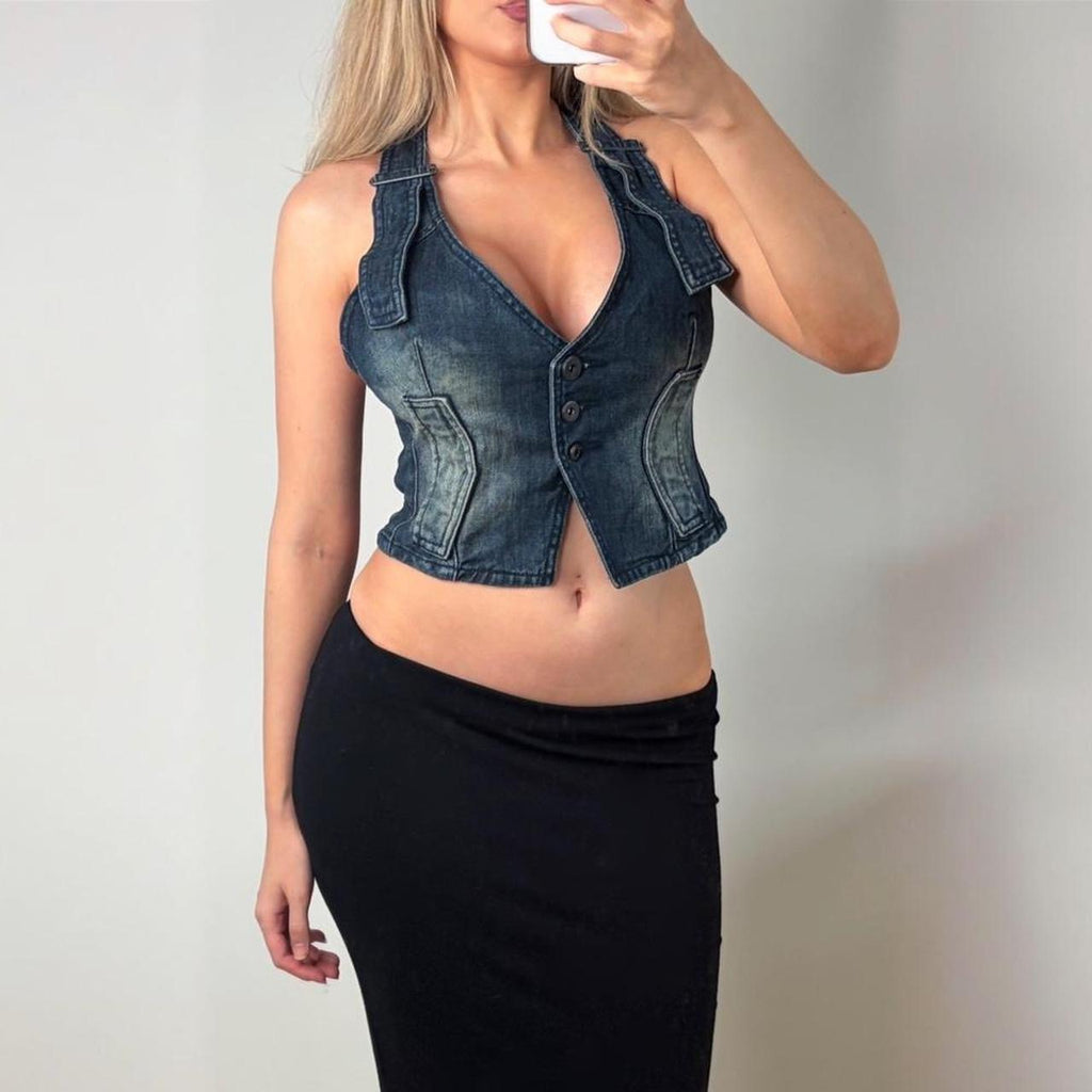 Blue denim cropped waist coat corset top