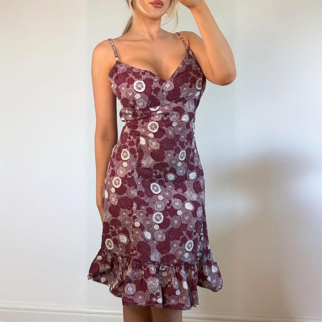 Vintage Burgundy purple white floral midi dress