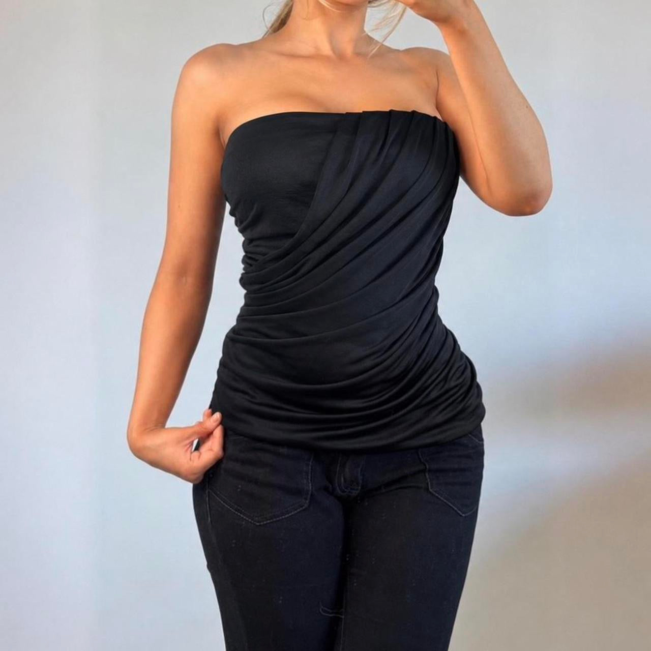 Black strapless bodycon wrap top