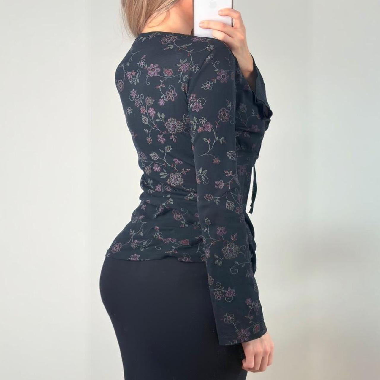 VINTAGE black floral mesh long sleeve blouse top