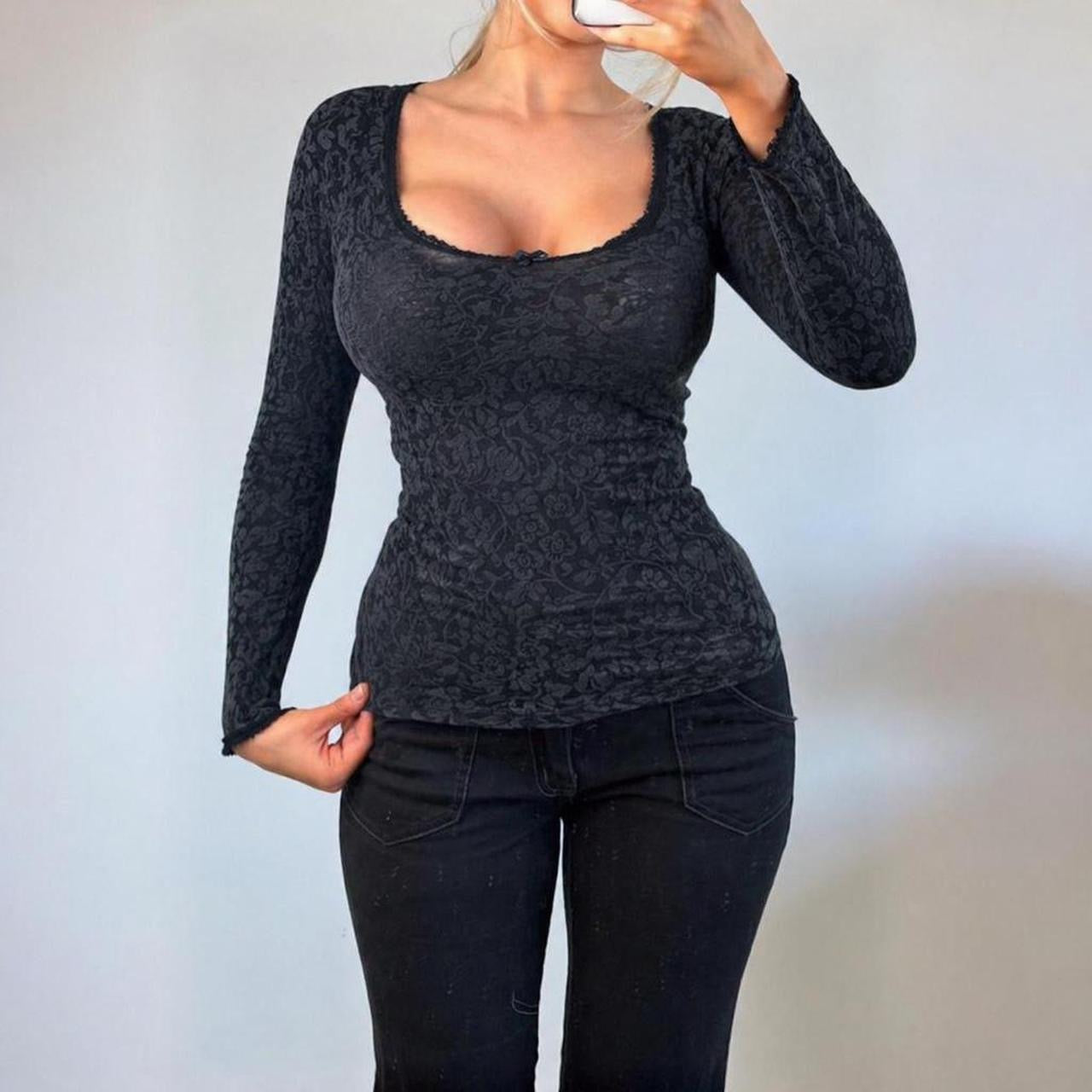 VINTAGE Dark grey floral long sleeve top