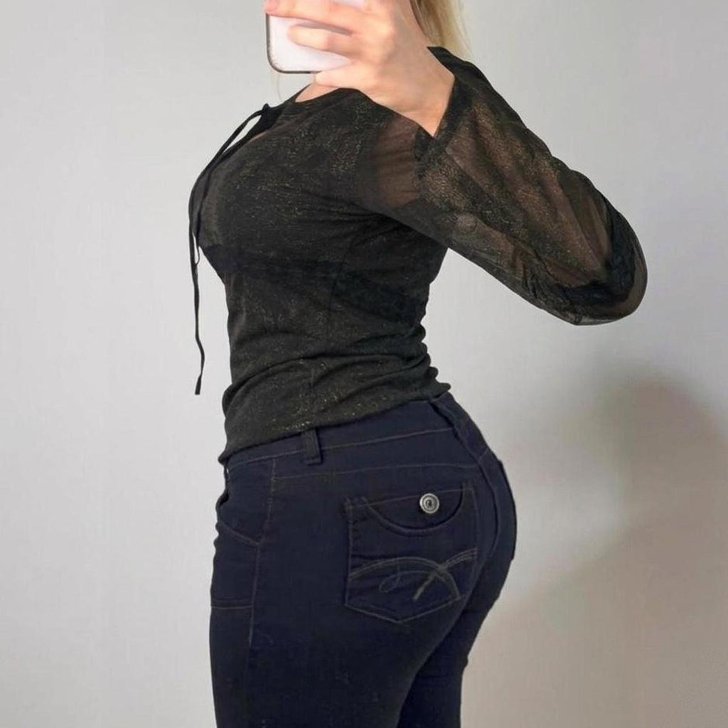 VINTAGE black paisley mesh long sleeve blouse top