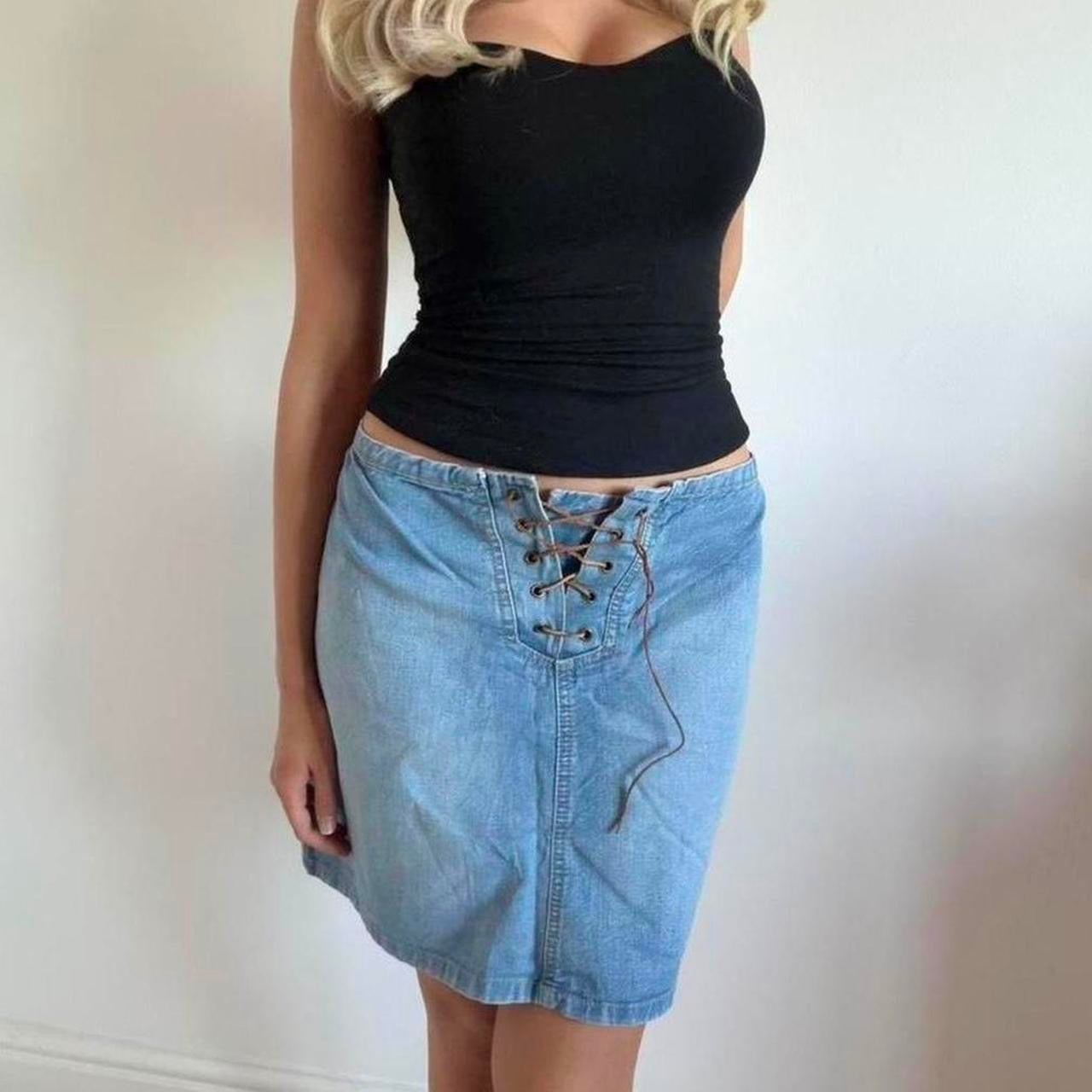 VINTAGE Blue denim mini skirt with lace up front