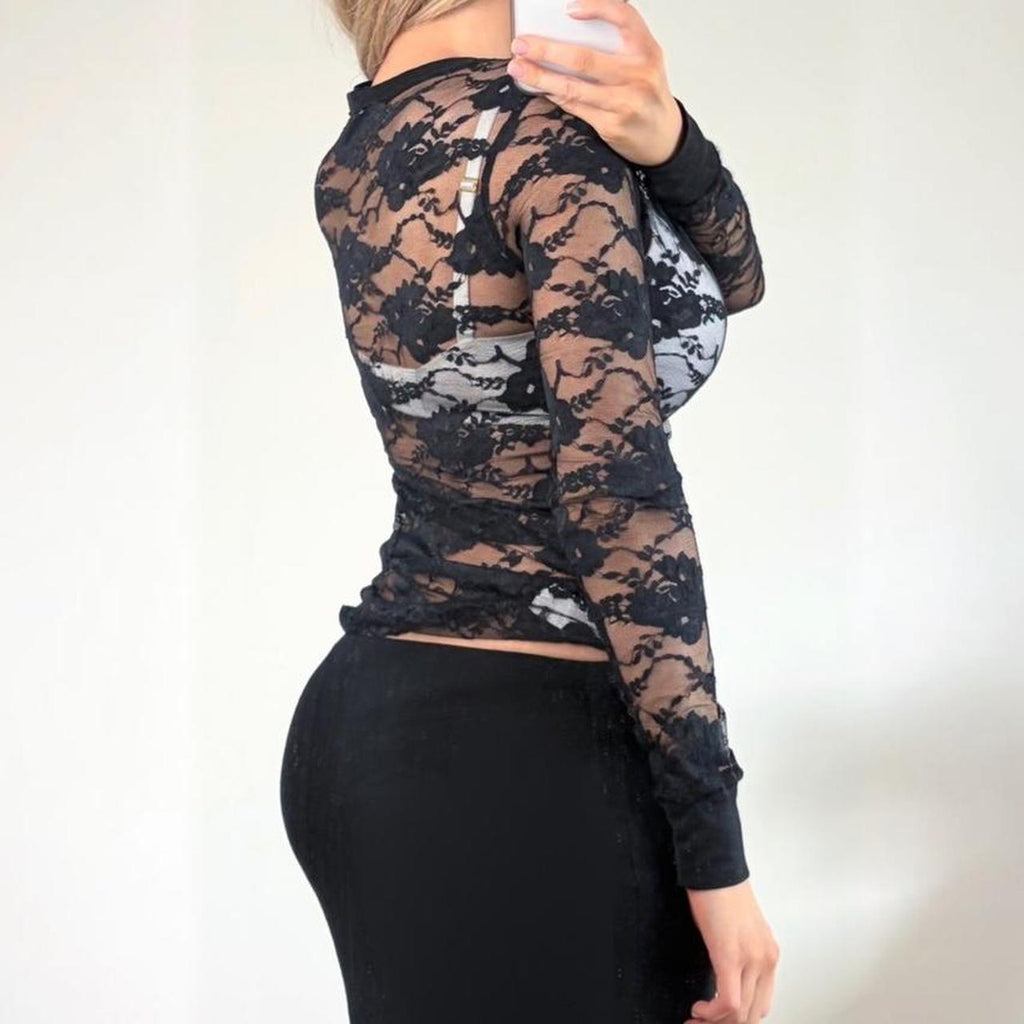 VINTAGE black lace long sleeve Henley blouse top
