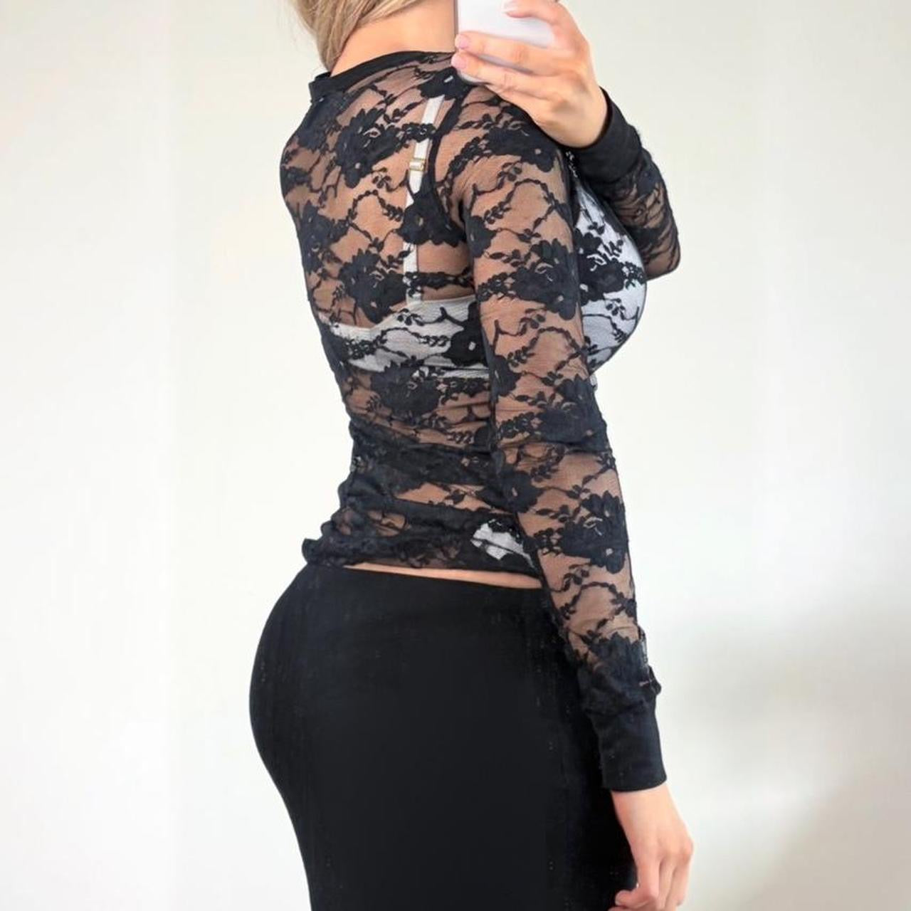 VINTAGE black lace long sleeve Henley blouse top