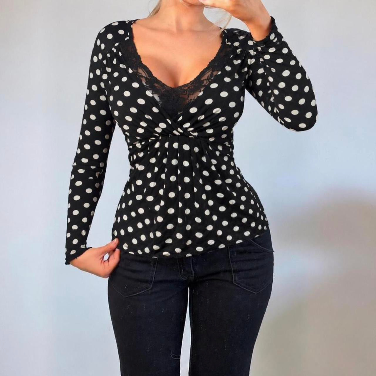 VINTAGE black polka dot long sleeve wrap blouse top