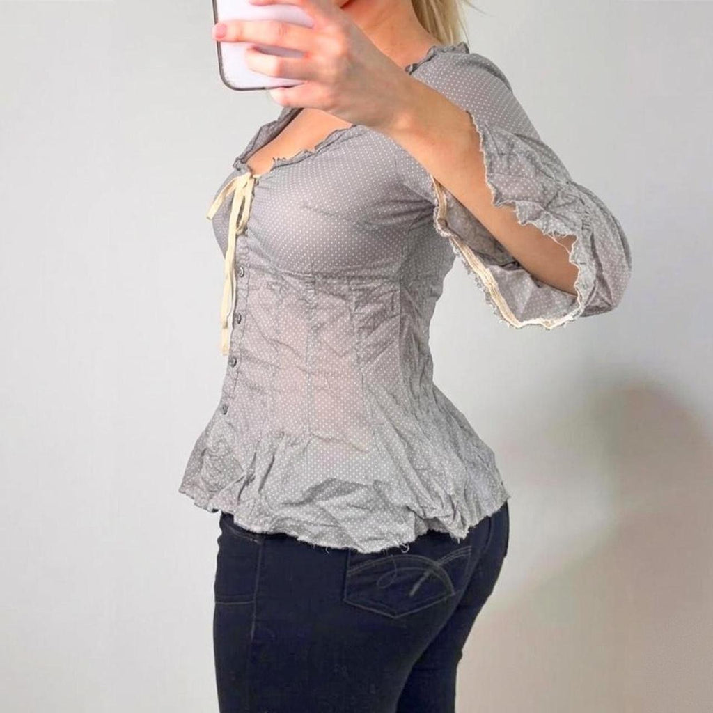 VINTAGE grey polkadot milkmaid blouse shirt top