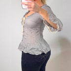 VINTAGE grey polkadot milkmaid blouse shirt top