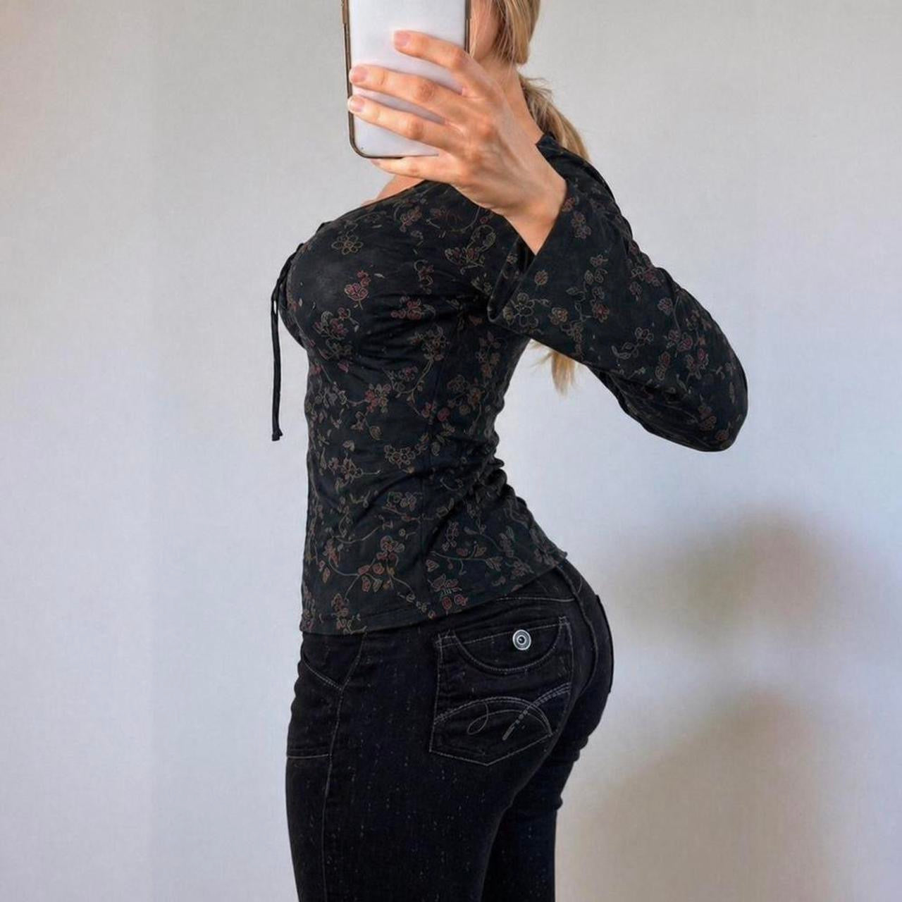 VINTAGE black floral mesh long sleeve blouse top