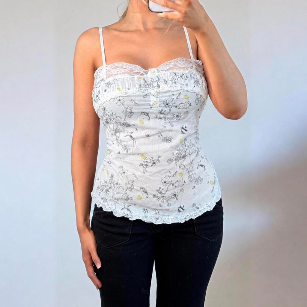 VINTAGE cotton white floral Henley cami vest top