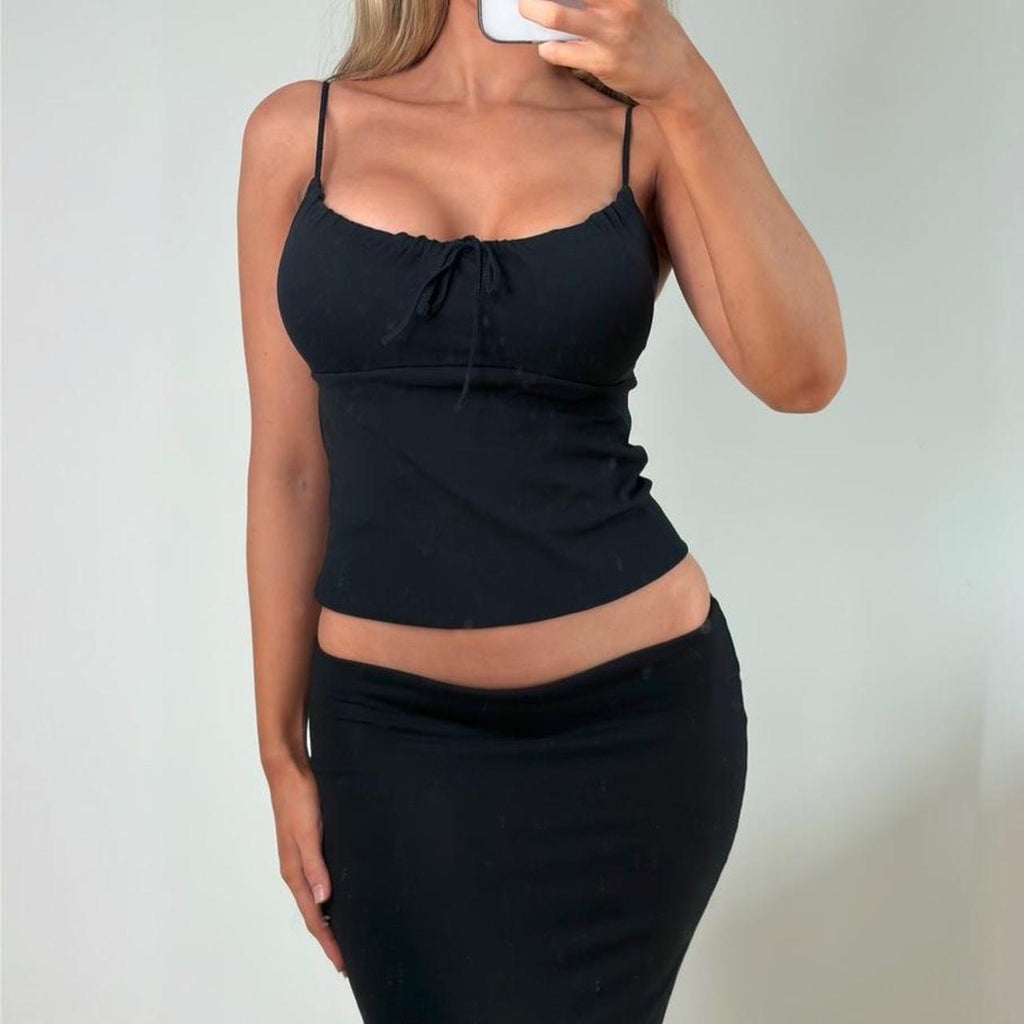 VINTAGE Morgan de toi black ruched milkmaid cami crop top