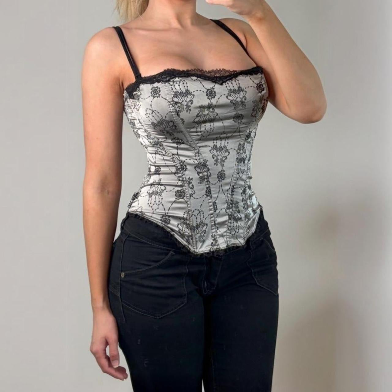 Silver black floral boned corset top