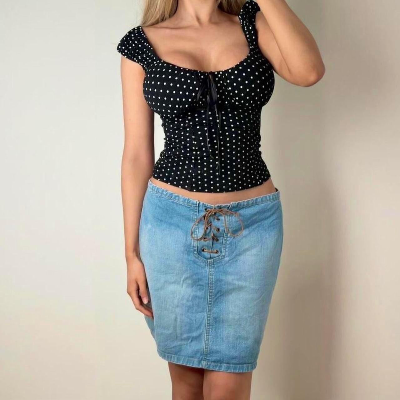 VINTAGE Blue denim mini skirt with lace up front