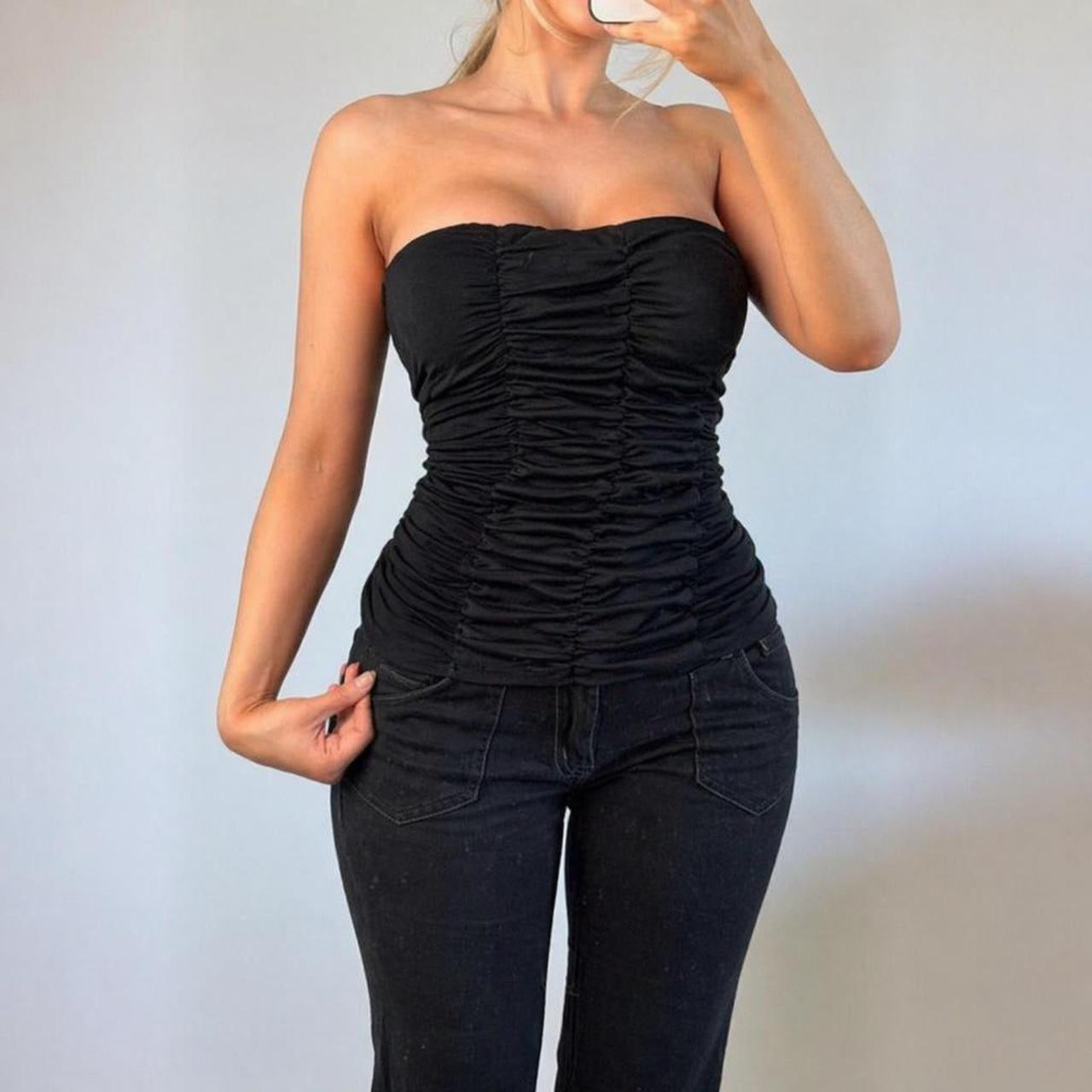 VINTAGE black ruched strapless corset top