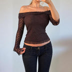 VINTAGE Brown lace fold over off the shoulder long sleeve top