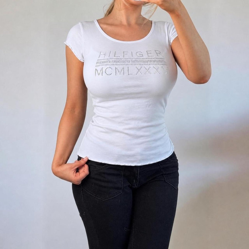VINTAGE TOMMY HILFIGER White short sleeve logo baby tee top