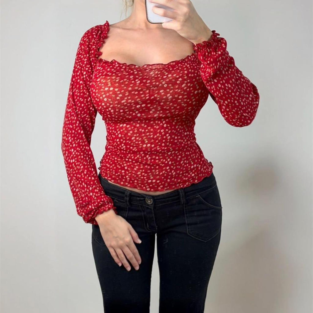 Red long sleeve mesh floral top