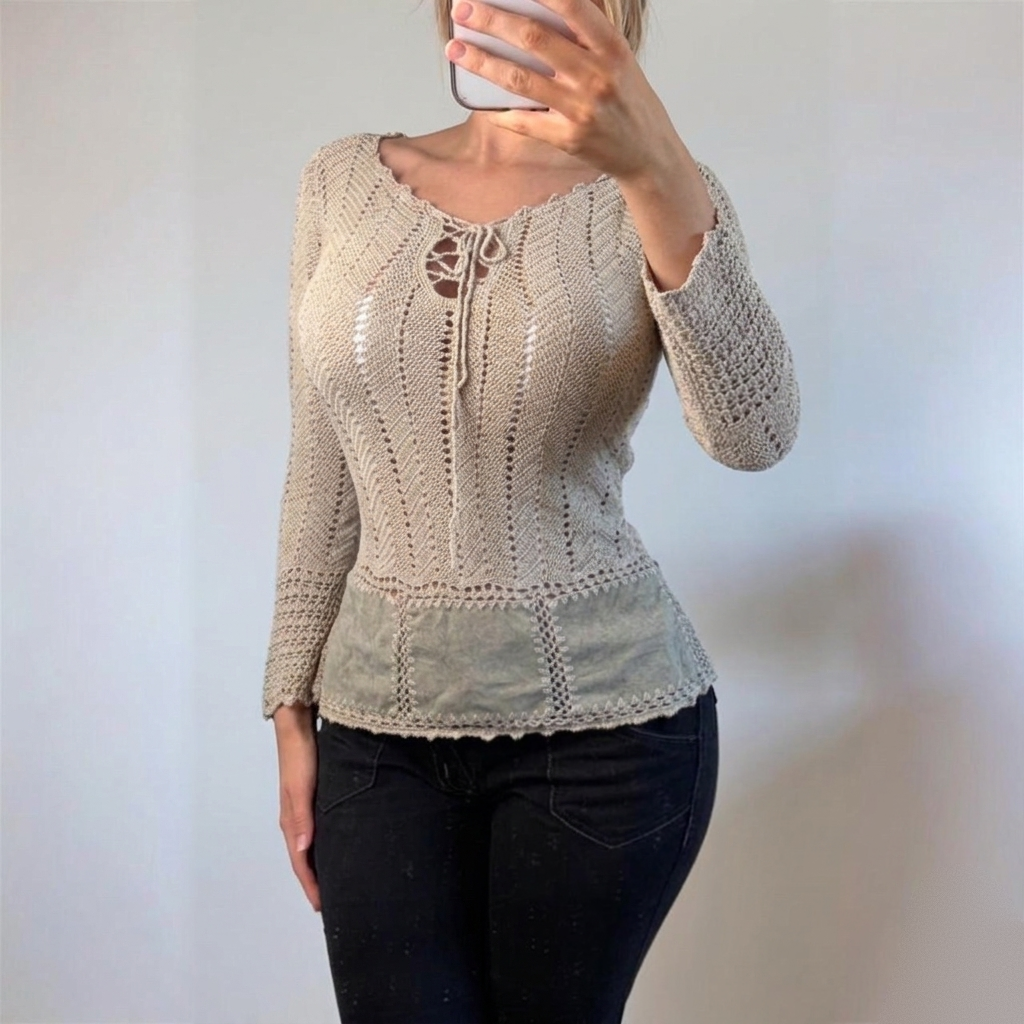 VINTAGE Beige crotchet long sleeve blouse top