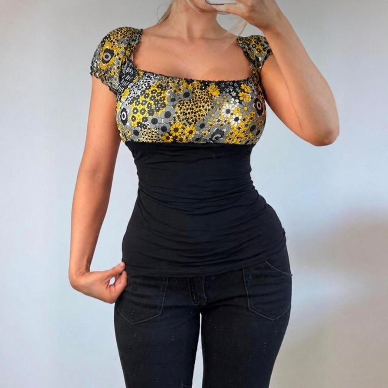 VINTAGE Yellow floral milkmaid blouse top